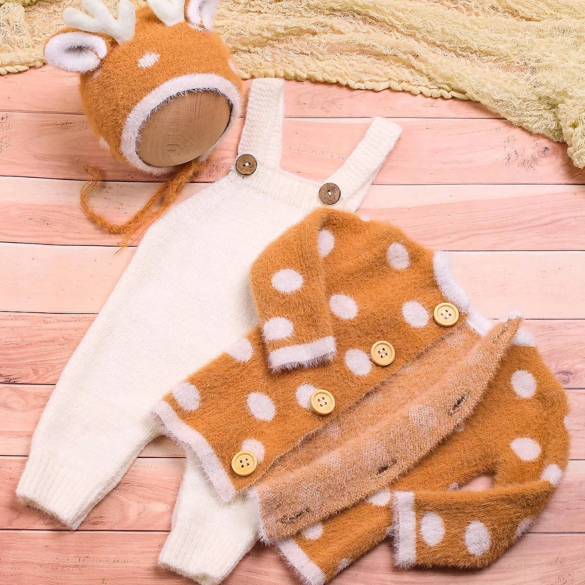 Ylsteed Newborn Baby Outfit for Photo Shooting Knitted Infant Suspender Pants Tops Antler Hat Baby Photography Props