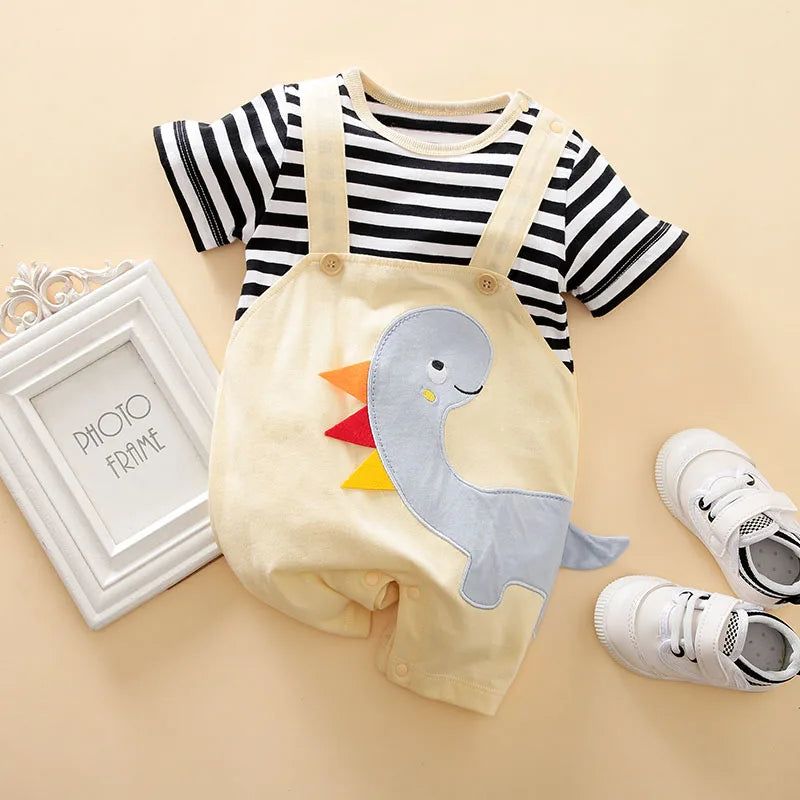 Summer Boys and Girls Cartoon Dinosaur Embroidery 3D Design Strap Splice All Cotton Short Sleeve Baby Clothing Bodysuit