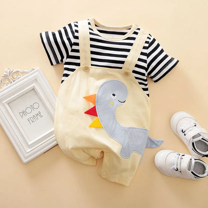 Summer Boys and Girls Cartoon Dinosaur Embroidery 3D Design Strap Splice All Cotton Short Sleeve Baby Clothing Bodysuit