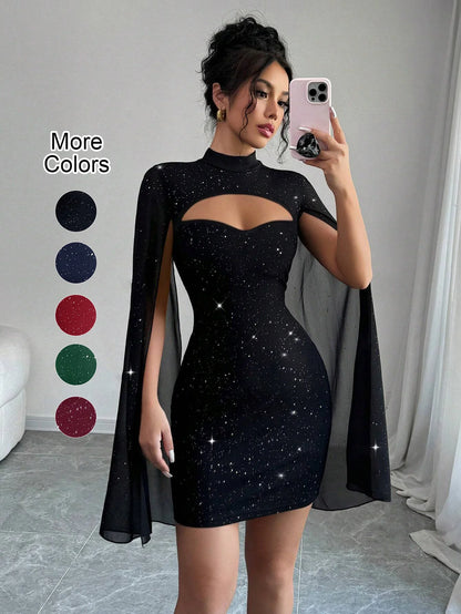 Sexy Women's Stand Collar Cape Mini Dress Sequins Sparkling Club Party Night Out Fitted Bodycon Elegant Autumn Winter
