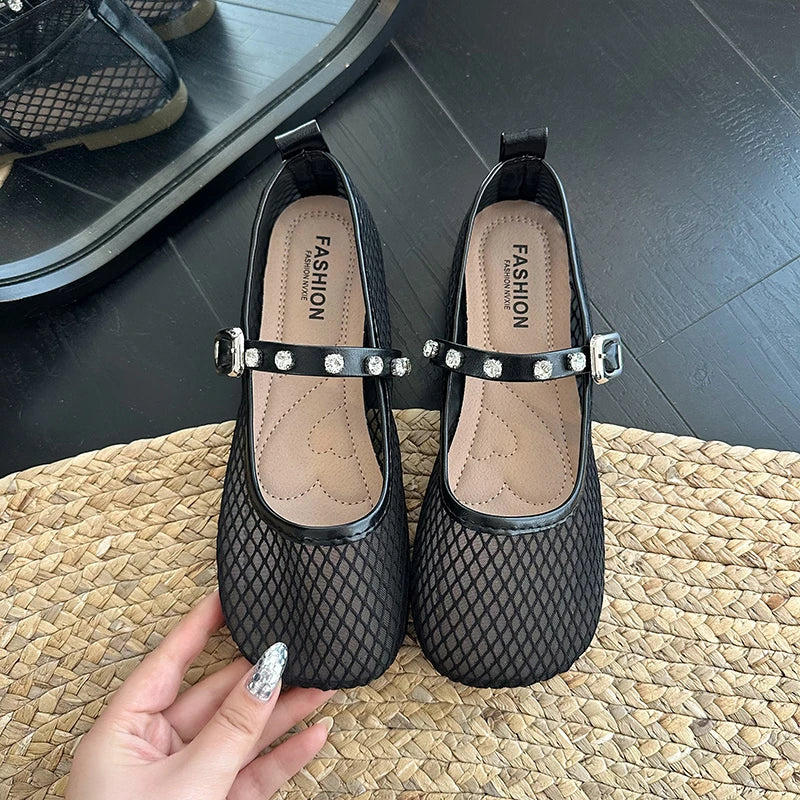 Mesh Breathable Flat Mary Jane Shoes Women Fashion Square Toe Soft Bottom Sandals Comfort Buckle Designer Ballet Shoe for Ladies