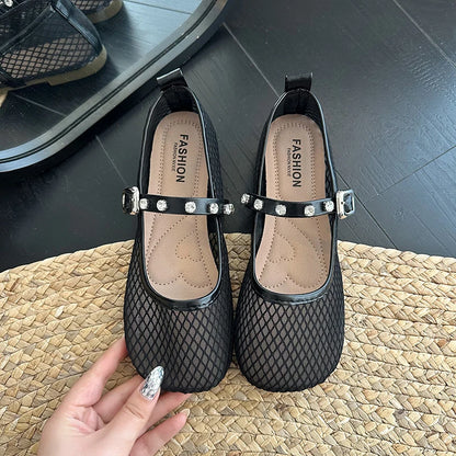 Mesh Breathable Flat Mary Jane Shoes Women Fashion Square Toe Soft Bottom Sandals Comfort Buckle Designer Ballet Shoe for Ladies