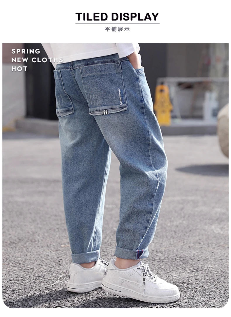 IENENS Spring Light Blue Children's Jeans Boy Denim Trousers Kids Clothes Baby Boys Elastic Waist Pants Slim Jeans For Boy