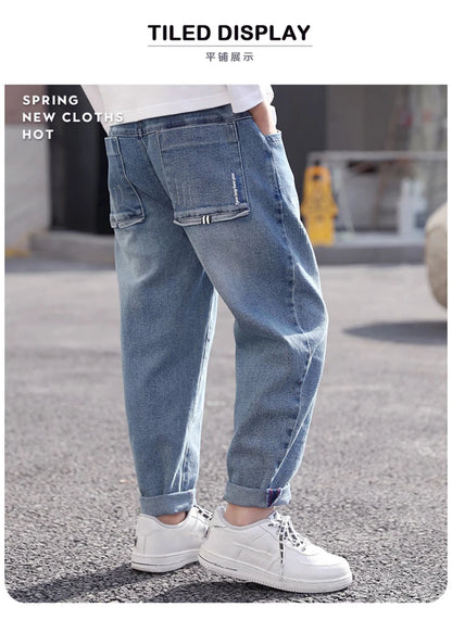 IENENS Spring Light Blue Children's Jeans Boy Denim Trousers Kids Clothes Baby Boys Elastic Waist Pants Slim Jeans For Boy