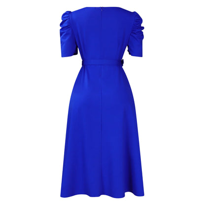 Elegant Party Dresses for Women V Neck Short Sleeve Belt Waisted Pleated Mid Calf Luxury Birthday Dinner Vestidos Mujer Dress OL