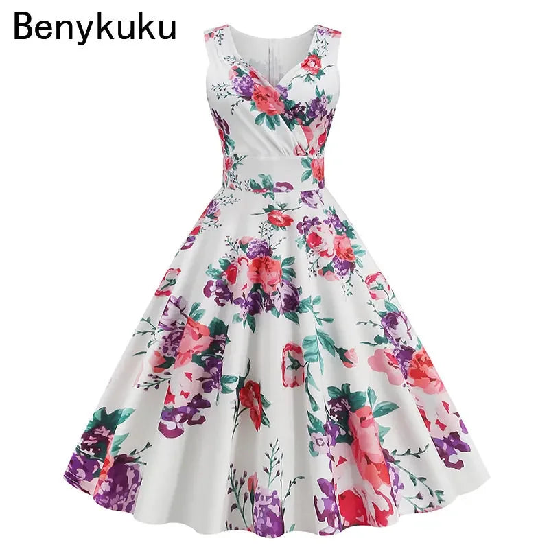 Floral Print 1950s 60s Vintage Women Dress Elegant Summer Robe Ladies Sleeveless V Neck A Line Swing Rockabilly Dresses 2025