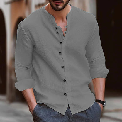 Cotton Linen Men's shirt 2025 Spring and Autumn Retro Solid Color Cotton and linen Casual Loose Long sleeved shirt  Tops US Size