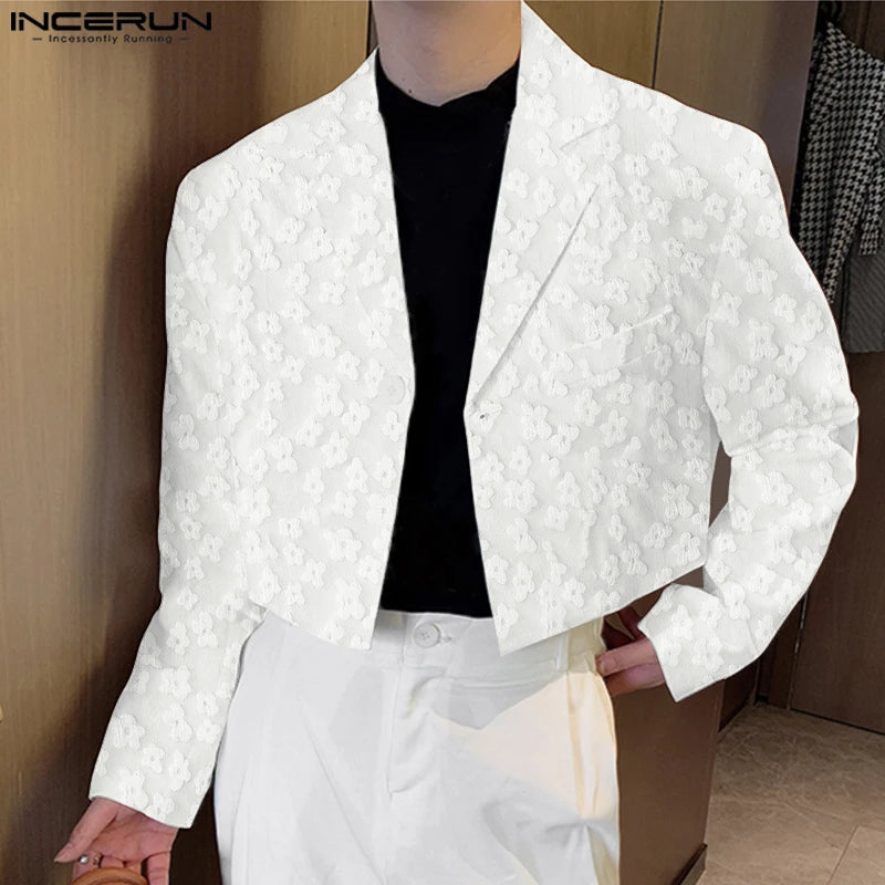 INCERUN Men Blazer Flower Jacquard Lapel Long Sleeve Crop Coats Men Streetwear Autumn 2025 One Button Fashion Casual Male Suit