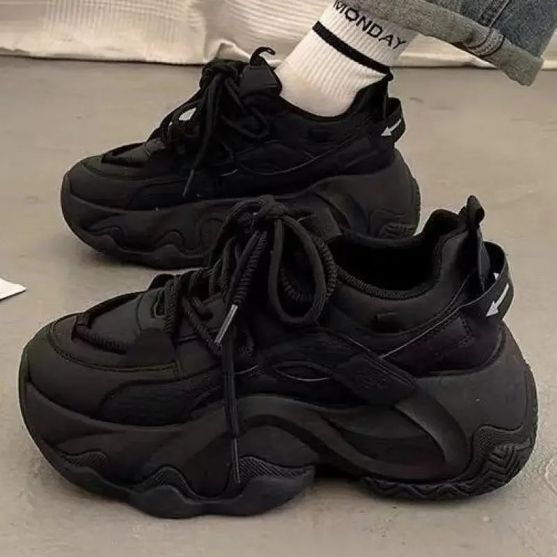 High Platform Sneakers Women Leather Dad Shoes Women Black Chunky Sneakers Thick Sole Shoes 2025 Fashion Height Increasing Shoes