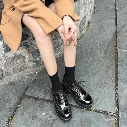Ochanmeb Big Size 48 Women Patent Leather Brogues High Heels Derby Shoes Platforms Laser Cutout Oxfords Fashion Ladies Pumps Red