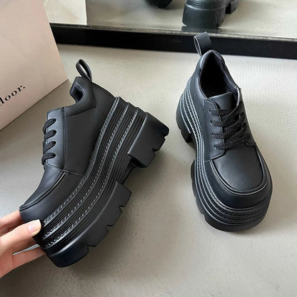 Women Platfrom Pumps Shoes Black Lace-up Leather Female British Style Spring Autumn New Heightening High Heels Mary Jane Loafers