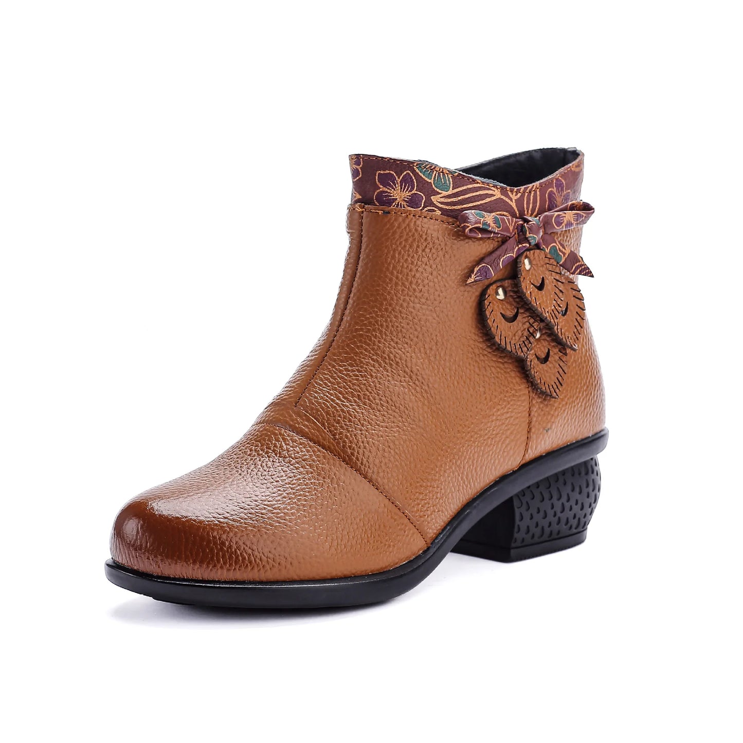 Top layer cowhide 2025 autumn and winter new retro ethnic style feature thick heel buckle splicing versatile women's short boots