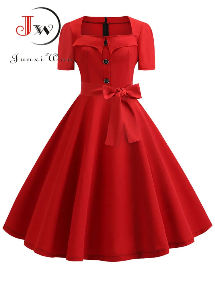 Women Vintage Dress Summer 50s 60s Retro Swing Rockabilly Vestidos Elegant Black Polka Dot Office Party Dress