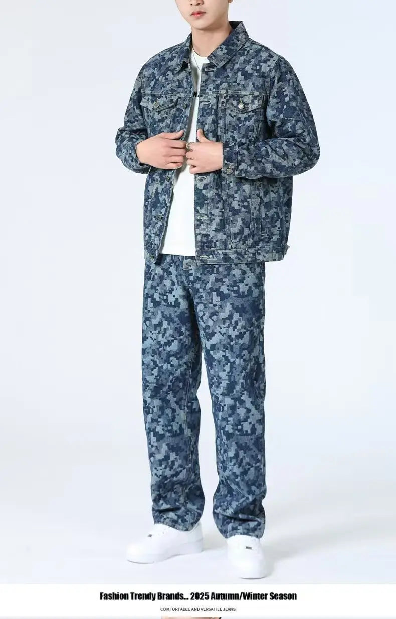 High Street Denim Sets Men's Jacquard Ragged Loose Casual Retro Washed Denim Shirt Style Jacket Jeans Pants
