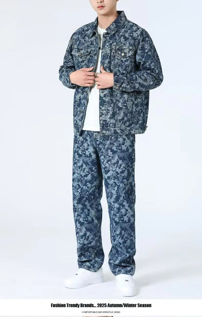 High Street Denim Sets Men's Jacquard Ragged Loose Casual Retro Washed Denim Shirt Style Jacket Jeans Pants