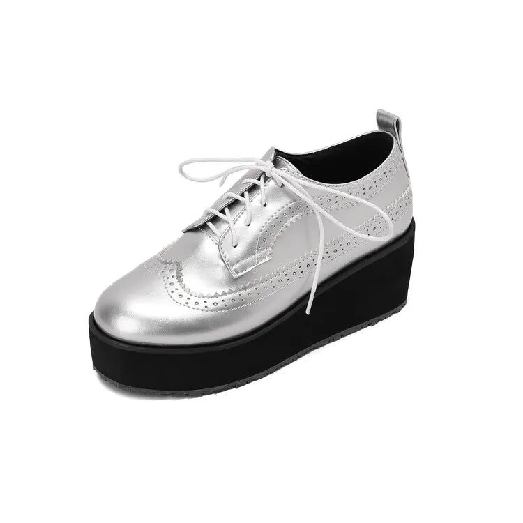 Ochanmeb Big Size 48 Women Patent Leather Brogues High Heels Derby Shoes Platforms Laser Cutout Oxfords Fashion Ladies Pumps Red