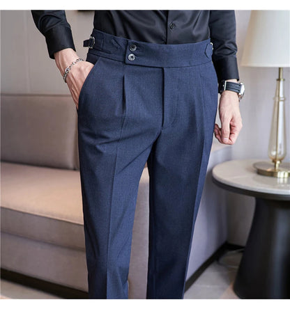 British Style Men High Waist Casual Dress Pant Men Belt Design Pink Trousers Formal Office Social Wedding Party Dress Suit Pants