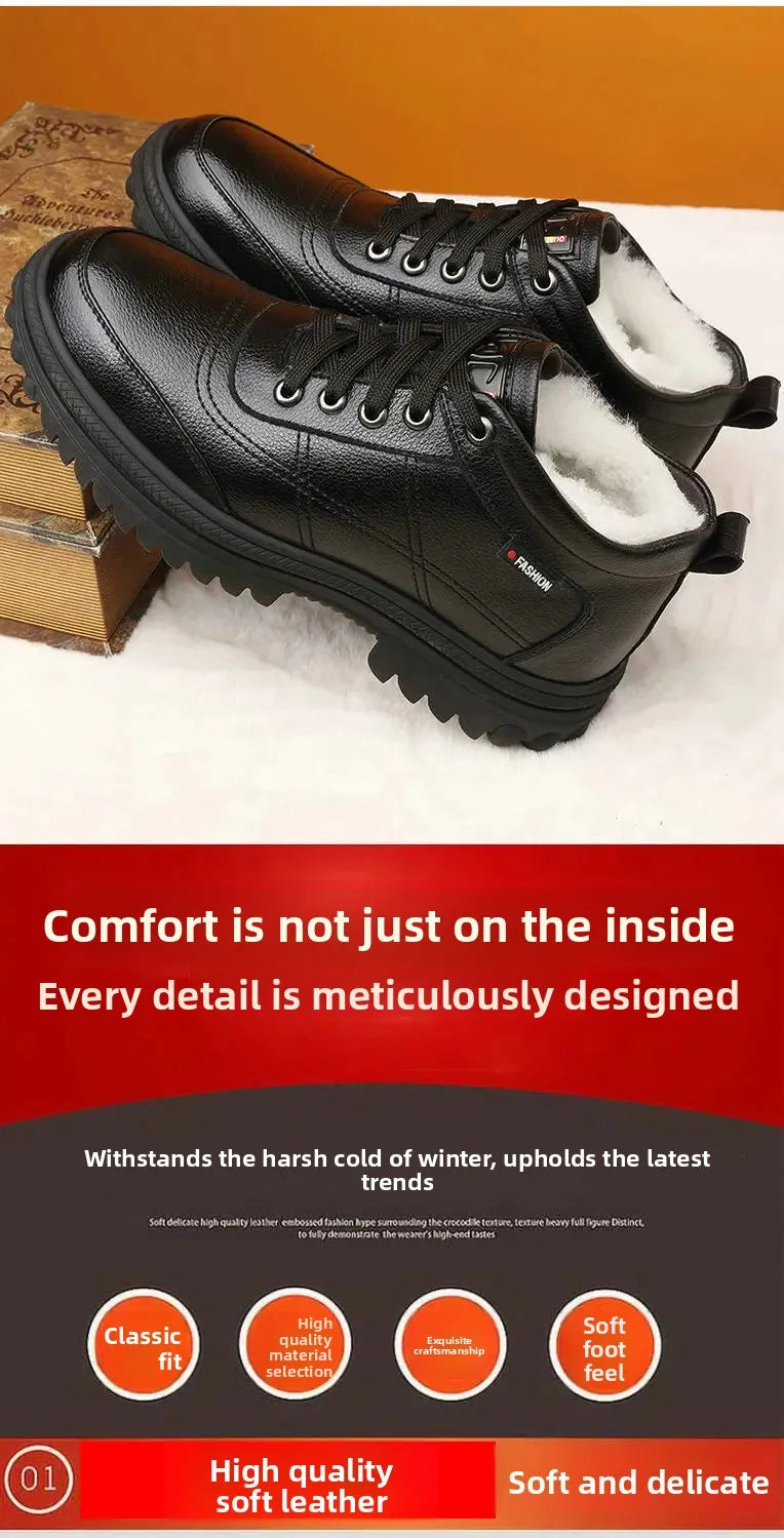 Men's High-Top Cotton Shoes Winter Thickened Fleece Anti-slip Warm Casual Fashion Outdoor Snow Boots Breathable Leather
