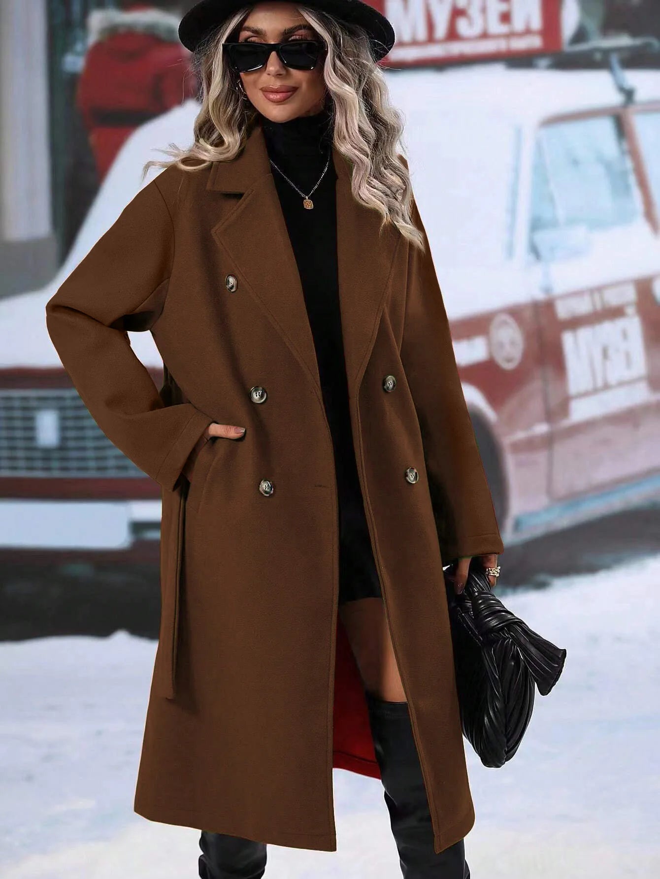 Women Turn Down Collar Thick Midi Length Wool Coat Pockets Casual Full Sleeve Double Breasted Blends Coats 2025 Autumn Winter