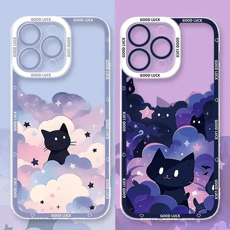 Starry Sky Black Cats Clear Phone Case For iPhone 15 14 13 11 12 16 Pro XS Max Mini XR X SE 7 8 Plus Transparent Cover Fundas
