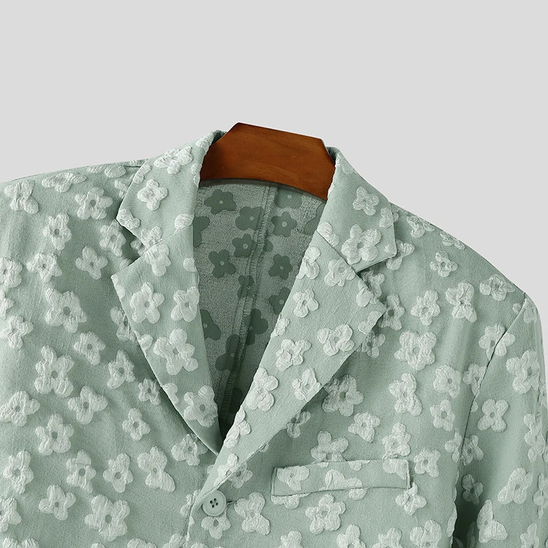 INCERUN Men Blazer Flower Jacquard Lapel Long Sleeve Crop Coats Men Streetwear Autumn 2025 One Button Fashion Casual Male Suit