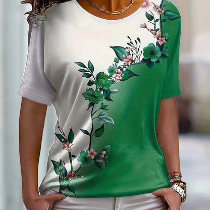2024 New Women's Color Block T-shirt Summer Fashion Short sleeved Top Flower Print Loose Clothing Women's Party T-shirt