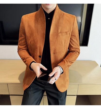 New Blazer Cowhide Velvet Korean Version Business Slim Fit Suit Stand Collar Fashionable Casual Suit Jacket Men Formal Clothing