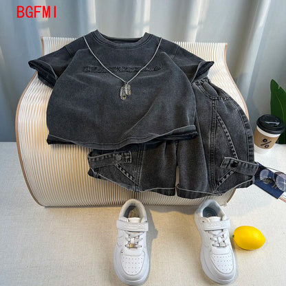 Hot Sale Fashion Baby Boy Suit Summer Clothes Short Sleeve T-shirt Short Jeans 2 Piece Set Kids Outfit 2-11Y Children's Costume