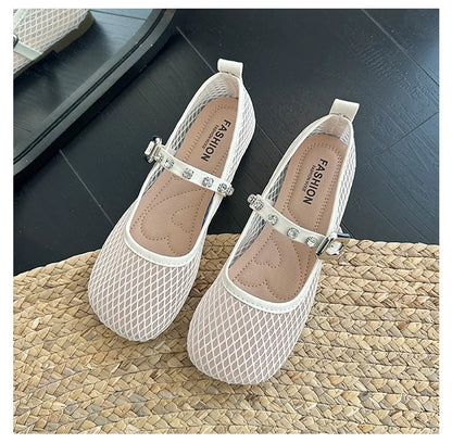 Mesh Breathable Flat Mary Jane Shoes Women Fashion Square Toe Soft Bottom Sandals Comfort Buckle Designer Ballet Shoe for Ladies