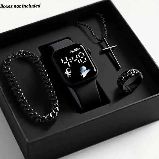 Four Piece Men's Accessory Gift Box Set - Low Voltage Running Digital Electronic Watch with Vintage Necklace, Bracelet, Ring, Ea