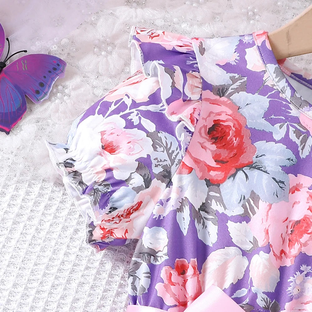 New girls' summer style bubble sleeve flower printed mesh dress