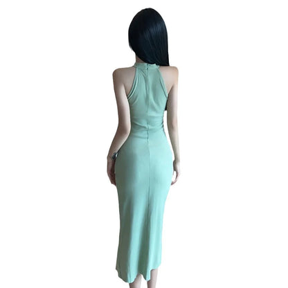 Vintage French Dress for Women Sleeveless Halter High Waist Slit Long Dresses Summer New Chic Temperament Vestidos