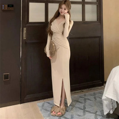 Spring Winter Lady Fashion Designer V-neck Slim Fit Long Sleeves Dress Girls Korean Version Solid Waist Cinching Wrap Hip Skirt