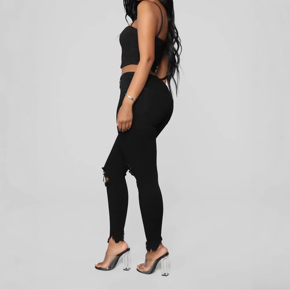 Hole Jeans Women Denim Pencil Pants Ripped Skinny Stretch High Waist 2025 Washed Distressed Ankle Length Trousers Streetwear