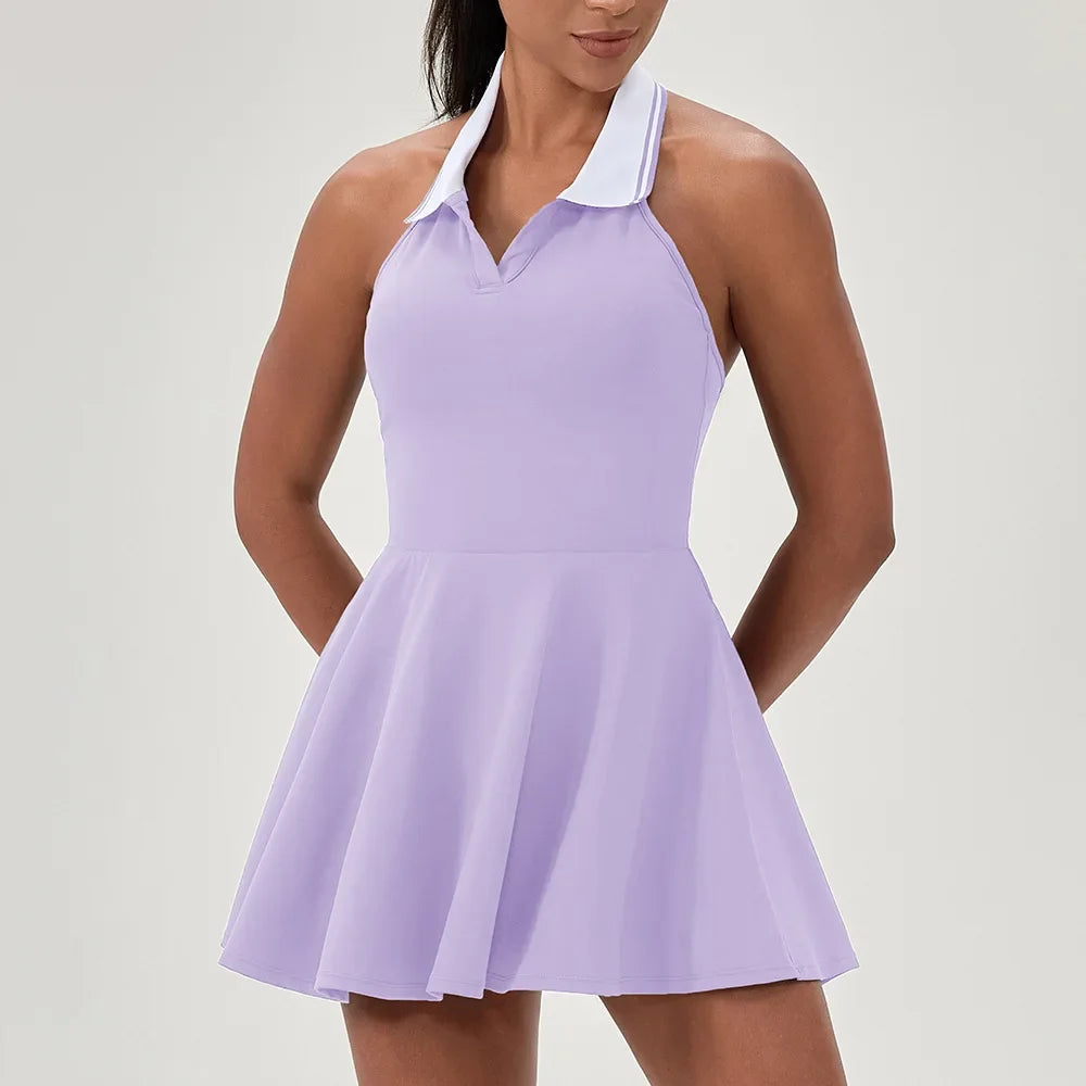 Summer Dress Vest Deep V Hanging Neck Sexy Dress for Women Contrasting Color Lapel Golf Skirt Outdoor Sports Gym Running