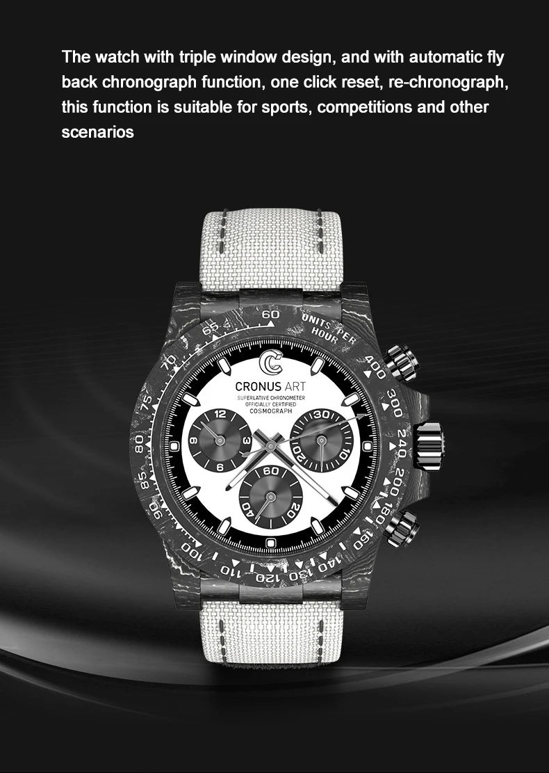 CRONUSART Men Chronograph Watch Pilot 40mm Automatic Mechanical Wristwatch Carbon Fiber Case Luminous Sapphire Mirror