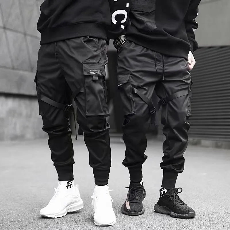 Men's multi pocket ribbed bandage work pants, jogging pants, sports pants, fashionable streetwear, trendy hip-hop loose pants