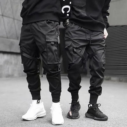 Men's multi pocket ribbed bandage work pants, jogging pants, sports pants, fashionable streetwear, trendy hip-hop loose pants