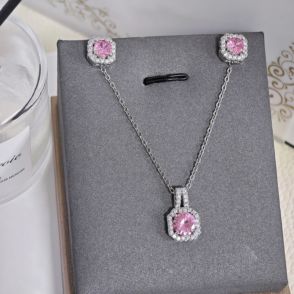 2024 New Trendy Pink Color Earrings and Necklace Pendant Set for Women Anniversary Gift Jewelry Wholesale X1104-E1104
