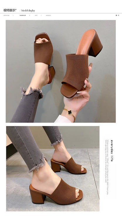 Women Sandals Slippers Luxury Summer Outdoor Casual Women Shoes Open Toe Soft High Heels Slides Black Mules Sandals Size 42