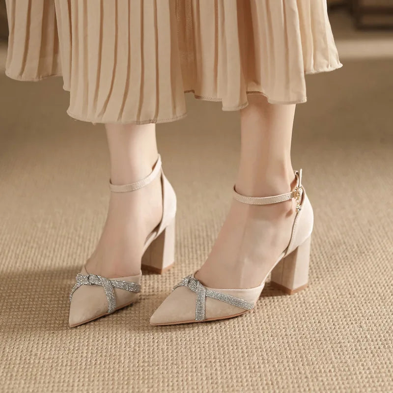 Size 30-44 Chunky Heel Hollow Point Toe High Heels Women Shoes Solid Color Ankle Strap Rhinestone Black Heels