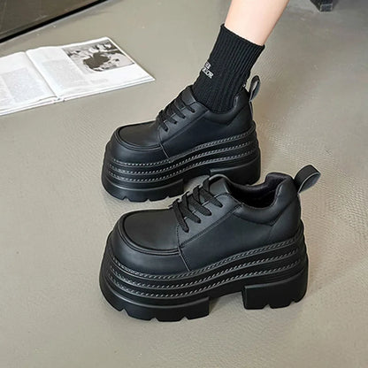 Women Platfrom Pumps Shoes Black Lace-up Leather Female British Style Spring Autumn New Heightening High Heels Mary Jane Loafers