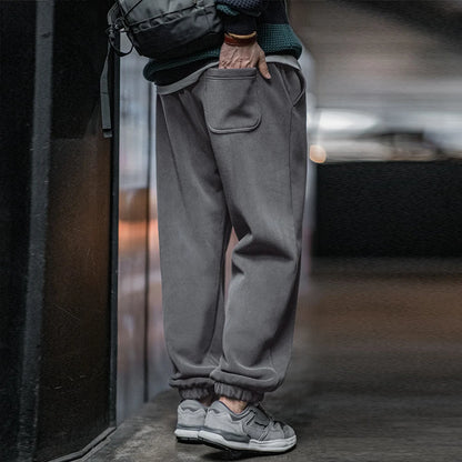 Maden Men's Casual Solid Color Polar Fleece Cuffed Sweatpants Elastic Waist Fleece-lined Pants Warm Sports Straight-leg Trousers