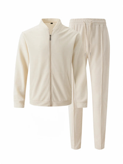 Men's Spring Casual Blazer Set Waffle Baseball Suit round Neck Zipper Long Sleeve Two-Piece Fashion Outfit with Pocket