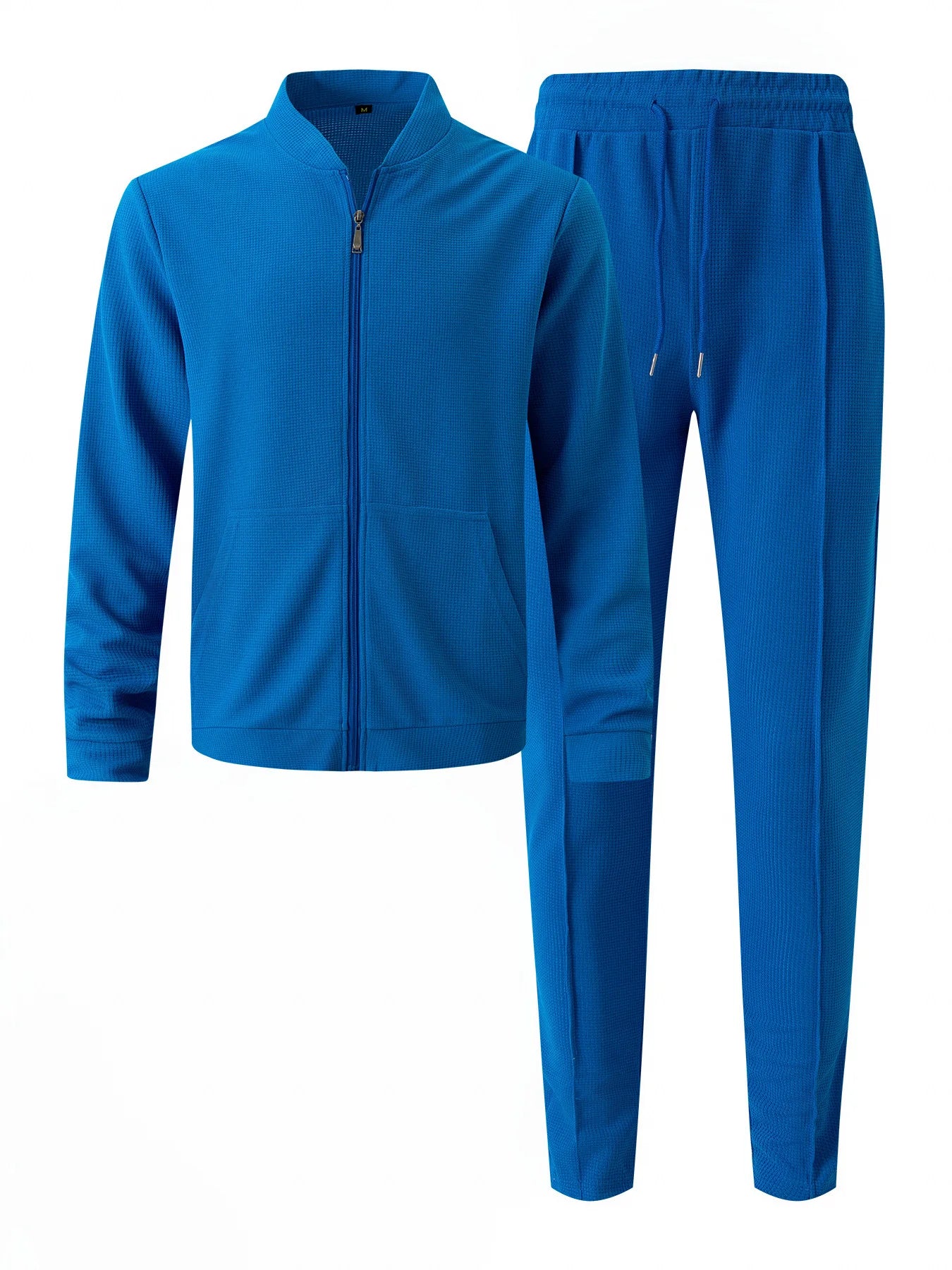 Men's Spring Casual Blazer Set Waffle Baseball Suit round Neck Zipper Long Sleeve Two-Piece Fashion Outfit with Pocket
