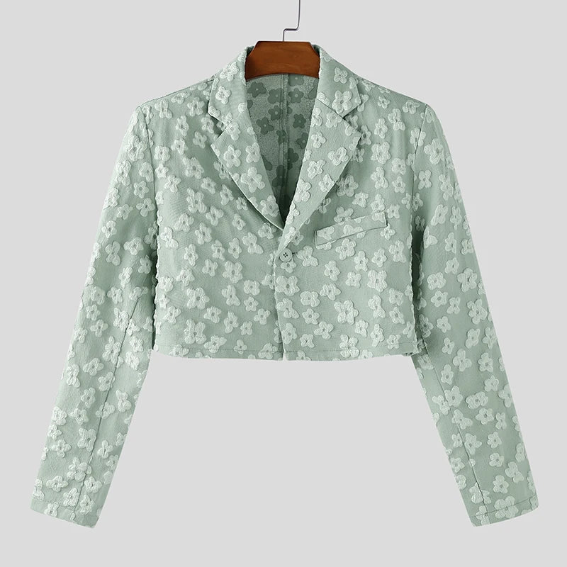 INCERUN Men Blazer Flower Jacquard Lapel Long Sleeve Crop Coats Men Streetwear Autumn 2025 One Button Fashion Casual Male Suit