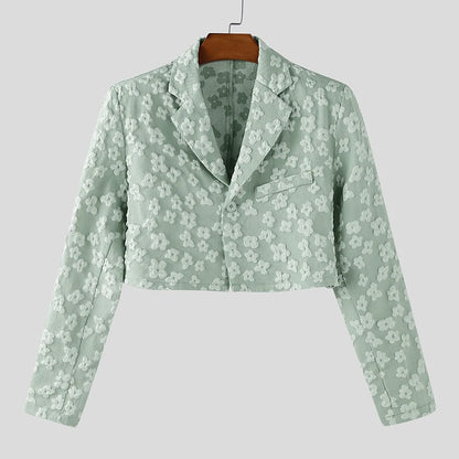 INCERUN Men Blazer Flower Jacquard Lapel Long Sleeve Crop Coats Men Streetwear Autumn 2025 One Button Fashion Casual Male Suit