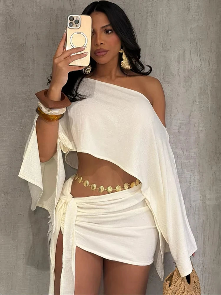 Weird Puss Sexy 2 Piece Set Women Skew Collar Loose Crop Tops+Ruched Knot Ribbon Skirt Matching Beach Vacation Party Club Suit