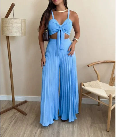 Fashion and Versatile Pleated Camisole Top and Loose Wide Leg Pants Set for Women's Summer Sexy Slim Fit Pants 2-Piece Set