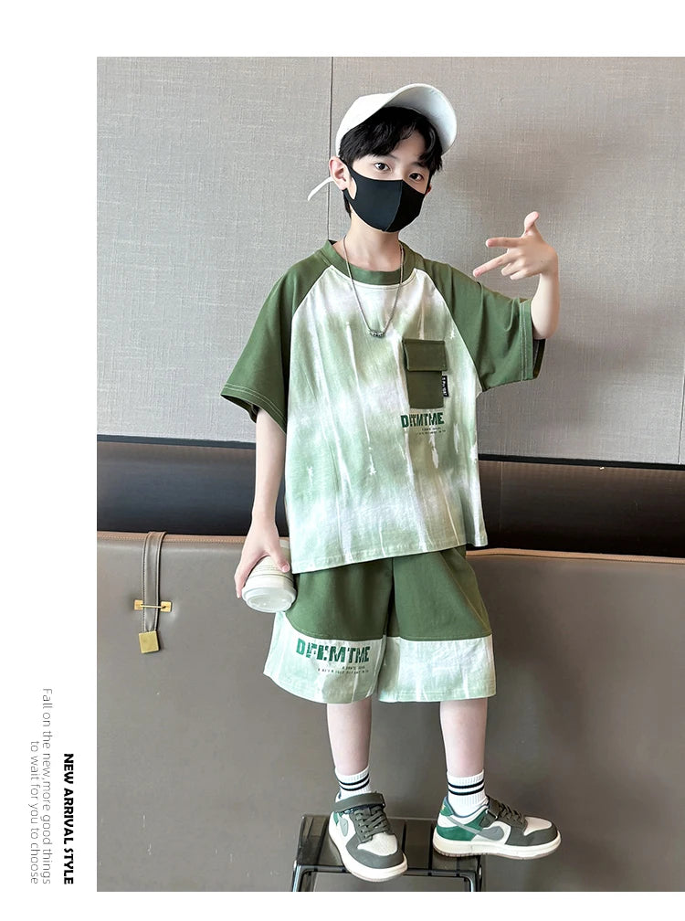 Hot Sale Fashion Baby Boy Suit Summer Casual Clothes Set Top Shorts 2 Piece Outfit Tracksuit for Kids Child Clothing Sets 5-14T